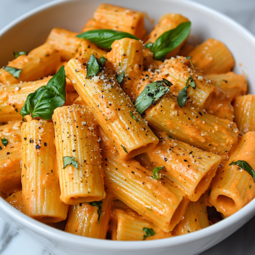 A bowl of rigatoni pasta tossed in velvety roasted red pepper cashew sauce, garnished with fresh basil and cracked black pepper, ready to be served.