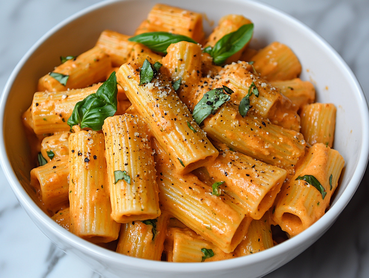 A bowl of rigatoni pasta tossed in velvety roasted red pepper cashew sauce, garnished with fresh basil and cracked black pepper, ready to be served.