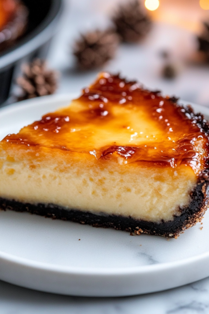 A close-up shot of a perfectly sliced piece of Salted Caramel Creme Brulee Cheesecake on a white marble plate, with a golden, crispy caramelized top. The rest of the cheesecake remains in the black pan.