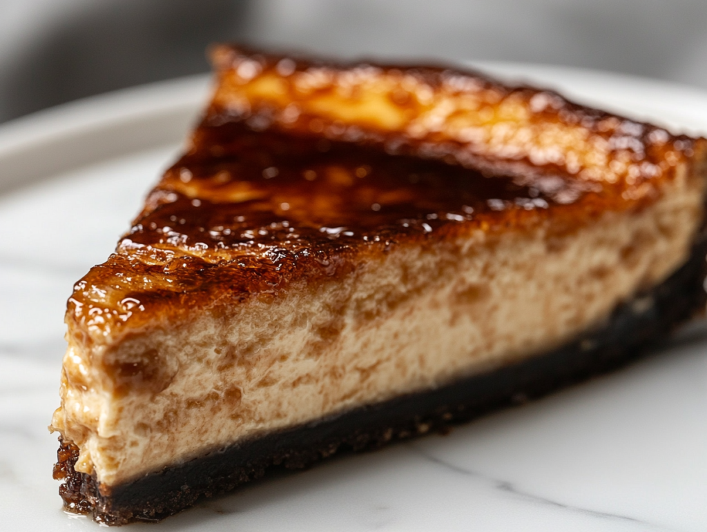 A close-up shot of a perfectly sliced piece of Salted Caramel Creme Brulee Cheesecake on a white marble plate, with a golden, crispy caramelized top. The rest of the cheesecake remains in the black pan.