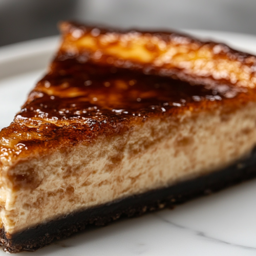 A close-up shot of a perfectly sliced piece of Salted Caramel Creme Brulee Cheesecake on a white marble plate, with a golden, crispy caramelized top. The rest of the cheesecake remains in the black pan.