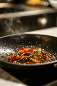 Close-up of a black skillet on a white marble cooktop, sautéing sliced shiitake mushrooms and red pepper strips with grated ginger and minced garlic. The butter and oil sizzle in the hot skillet, creating an aromatic cloud.