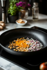 Close-up shot of diced onions sautéing in melted butter in the black frying pan over the white marble cooktop. Minced garlic, grated ginger, and vibrant spices are sprinkled on top, ready to be stirred.