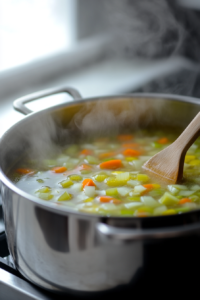 A shiny stainless steel soup pot on the white marble cooktop, with butter melting and diced yellow onion, carrots, leek, and celery sautéing over medium heat. The vegetables glisten as they soften, releasing fragrant steam, while a wooden spoon stirs them gently