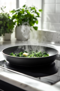 A black 10-inch ovenproof skillet on a white marble cooktop, with 2 tablespoons of butter melting and coarsely chopped broccoli sautéing. The broccoli is vibrant green and slightly tender, with steam rising from the skillet