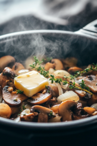 An Instant Pot on the counter, set to sauté mode. Butter is melting with sliced mushrooms, chopped onions, minced garlic, and fresh thyme being stirred together. Steam is rising.