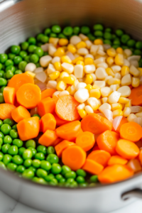 Close-up shot of peas and corn being added to the pot and sautéed along with the carrots and onions. The vegetables are vibrant in color, and the mix gently sizzles in the pot on the white marble cooktop.