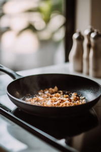 Close-up shot of a black skillet on the white marble cooktop with olive oil heating. Chopped shallots and minced garlic are sautéing, turning golden.