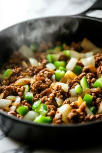 "Chopped onion, green bell pepper, and minced garlic sizzling in a Dutch oven over medium heat, releasing fragrant steam. The vegetables are softening as they cook