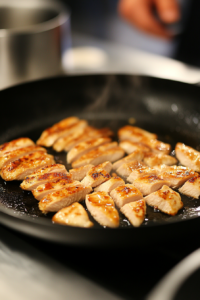 Close-up shot of chicken breasts searing in a skillet with avocado oil on the white marble cooktop. The chicken is golden brown on both sides, with crispy edges and sizzling in the hot oil.