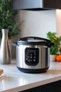 Side view of an Instant Pot on the counter with its lid being securely locked into place, ready for pressure cooking