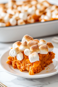 Close-up shot of a serving of sweet potato casserole with golden-brown mini marshmallows on top, served on a plate. The warm casserole is placed on the white marble cooktop, ready to be enjoyed