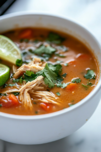 Close-up of the finished soup in a bowl on a white marble cooktop, garnished with fresh cilantro and a squeeze of lime. The lemongrass stalk is removed, and the vibrant soup is ready to be enjoyed.