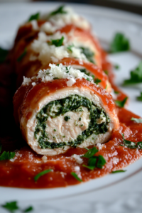 Close-up of a sliced stuffed chicken roll on a plate, showing the creamy spinach filling inside. The dish is garnished with marinara sauce, Parmesan cheese, and fresh parsley, served on the white marble cooktop.