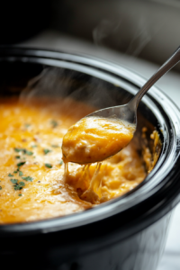 Close-up shot of a ladle scooping a creamy, cheesy portion of the casserole from the slow cooker on the white marble cooktop. The golden, melted cheese glistens, ready to be served