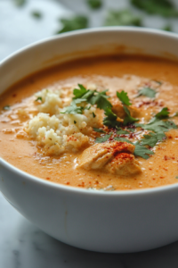 "Close-up shot of the finished chicken curry served in a bowl, garnished with fresh cilantro. The curry is hot, creamy, and aromatic, resting on the white marble cooktop next to a side of cauliflower rice."