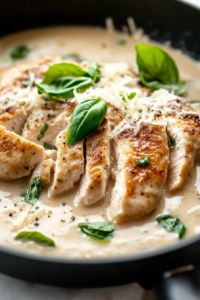 Close-up shot of the finished Marry Me Chicken in the skillet, topped with fresh basil leaves and sprinkled with shredded Parmesan. The dish is simmering in the creamy sauce and is ready to be served from the skillet on the white marble cooktop