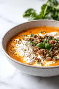 A bowl of the hot, creamy sauce served with a garnish of ricotta cheese, shredded Parmesan, and a sprinkle of freshly chopped basil, ready to enjoy