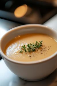 A bowl of creamy mushroom soup served warm, garnished with fresh thyme, ready to enjoy. A spoon rests on the side