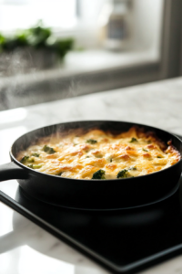 The black skillet placed on the white marble cooktop, filled with the finished broccoli and chicken bake. The cheese topping is golden and crispy, with fresh steam rising. A serving spoon rests inside, ready to scoop