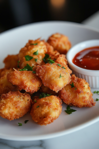 Golden-baked chicken nuggets served on a white plate with a bowl of spicy ketchup dip. The plate is garnished with fresh parsley and set on a white marble cooktop