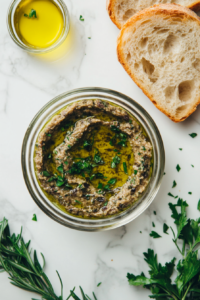 A beautifully plated olive spread served in a small bowl, garnished with fresh herbs. Accompanying it are slices of crusty bread and a drizzle of olive oil on the side