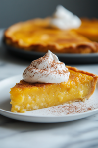 A slice of pumpkin pie served on a dessert plate with a dollop of fluffy vegan coconut whipped cream on top and a sprinkle of cinnamon. The rest of the pie is visible in the background