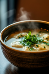 A steaming bowl of chicken soup with dumplings, garnished with fresh parsley, served hot and ready to enjoy.