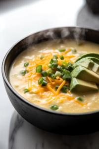 A bowl of creamy soup garnished with extra shredded cheese, fresh tomato chunks, sliced green onions, and chopped avocado, served hot and ready to enjoy