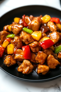 Close-up shot of a spoon serving the stir fry onto a plate from the black non-stick skillet on the white marble cooktop. The chicken and vegetables are evenly coated with the sauce, ready to enjoy