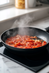 Close-up shot of passata sauce and tomato puree simmering in the black frying pan over the white marble cooktop. The mixture is rich and thick, with steam rising as it reduces