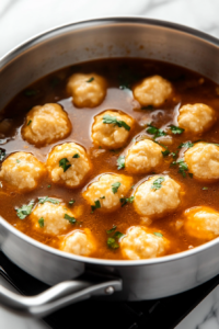 Large spoonfuls of dough being dropped into a simmering soup mixture in a deep pot on a white marble cooktop.