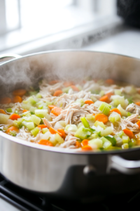 A deep pot on a white marble cooktop with shredded chicken, water, finely chopped onion, celery, carrots, and seasonings simmering, steam rising from the pot.