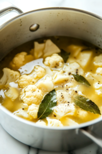 A soup pot on the white marble cooktop, filled with cauliflower florets, golden chicken broth, bay leaves, salt, and cracked black pepper. The mixture comes to a gentle boil, with small bubbles forming on the surface as a lid rests partially ajar on the side