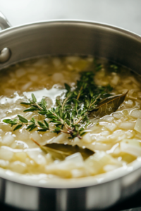 Water, beef or vegetable stock, Worcestershire sauce, and granulated erythritol being poured into the saucepan with the simmering onion mixture. The liquid fills the pan, surrounding the herbs and onions.