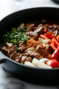 The Dutch oven filled with browned meat, sautéed vegetables, broth, and spices. The soup is simmering gently, with small bubbles forming on the surface