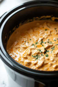 A close-up shot of the slow cooker on the white marble cooktop, with the creamy chicken mixture now fully melted and smooth, ready to serve. The dish looks creamy, rich, and cheesy.