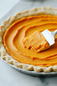 The smooth sweet potato filling being spread evenly into the uncooked vegan pie crust using a spatula. The pie crust is nestled in a pie pan, ready for the oven.