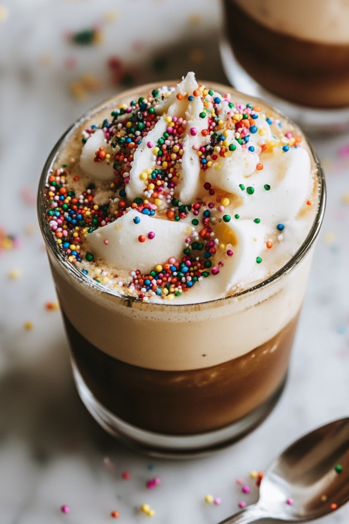 A glass of iced coffee with sugar cookie cold foam on top, ready to be enjoyed. The drink looks creamy and festive.