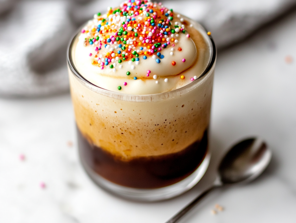 A glass of iced coffee with sugar cookie cold foam on top, ready to be enjoyed. The drink looks creamy and festive.