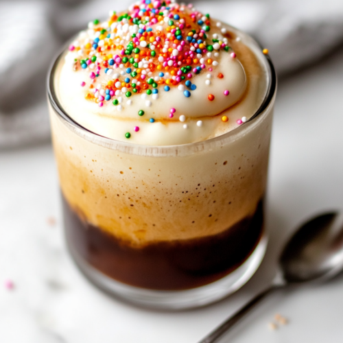 A glass of iced coffee with sugar cookie cold foam on top, ready to be enjoyed. The drink looks creamy and festive.
