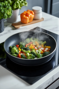 Close-up shot of chopped broccoli, bell pepper, and onion being added to the black non-stick skillet on the white marble cooktop. The vegetables begin to cook, and steam rises