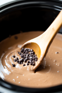 Close-up shot of a wooden spoon stirring the mixture inside a slow cooker on the white marble cooktop. The chocolate chips are starting to melt into the creamy liquid, creating a rich texture