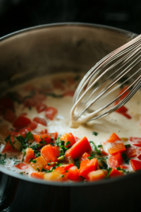 Close-up shot of vegetable broth and cashew cream being poured into the pot with sautéed vegetables. A whisk is stirring the mixture, ensuring it is smooth and fully incorporated