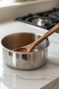 A medium saucepan with water, brown sugar, granulated sugar, vanilla extract, almond extract, and butter extract heating on the stove as the sugar dissolves.