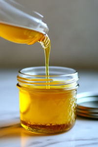 A close-up of smooth, golden sugar cookie syrup in a saucepan, ready to be used or stored.