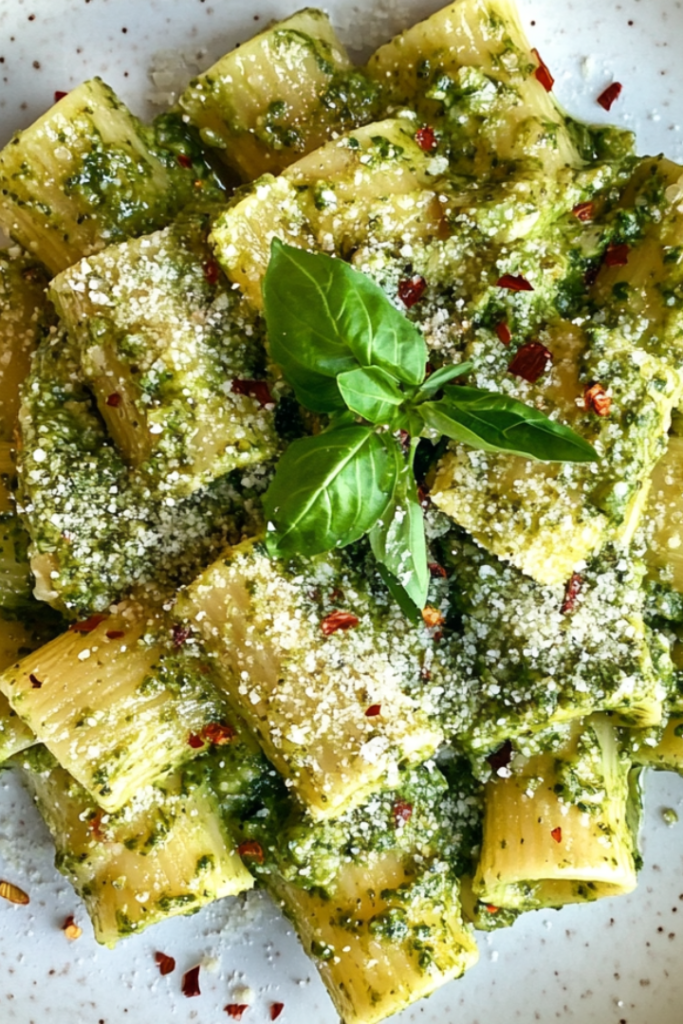 Close-up shot of the plated pasta on a white ceramic plate on the white marble cooktop, garnished with chopped fresh basil, red pepper flakes, and extra cashew parmesan.