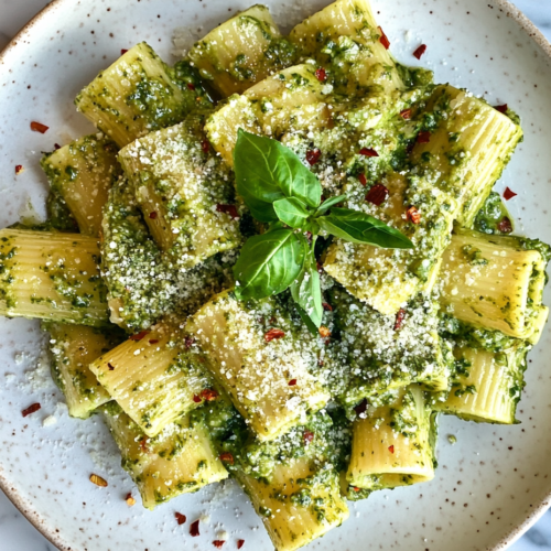 Close-up shot of the plated pasta on a white ceramic plate on the white marble cooktop, garnished with chopped fresh basil, red pepper flakes, and extra cashew parmesan.
