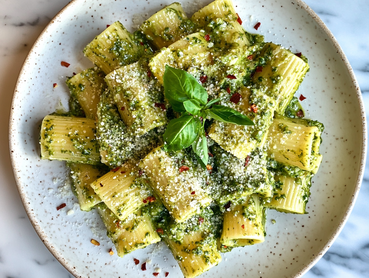 Close-up shot of the plated pasta on a white ceramic plate on the white marble cooktop, garnished with chopped fresh basil, red pepper flakes, and extra cashew parmesan.