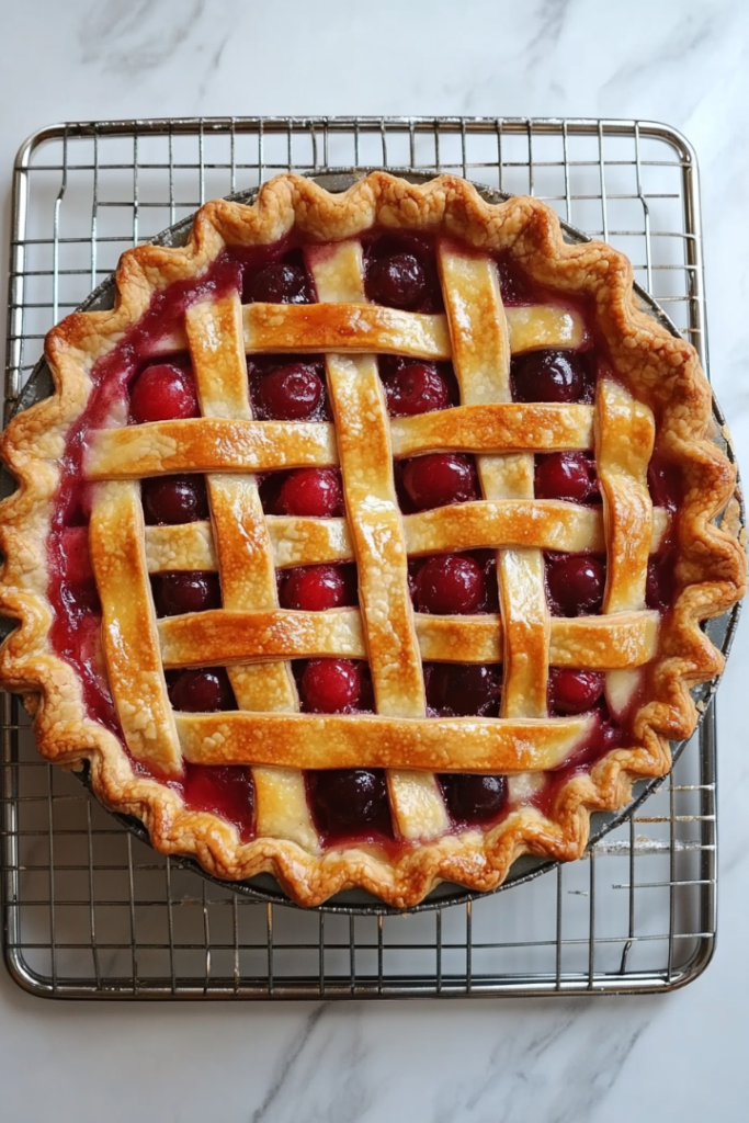 Close-up shot of the baked cherry pie cooling on a wire rack on the white marble cooktop. The crust is golden brown, and the filling looks set and glossy